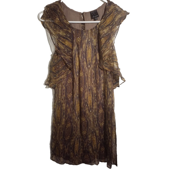 Ella Moss Women Metallic Flutter Sleeve Printed Dress Gold Ikat Silk Size Small - Picture 1 of 8